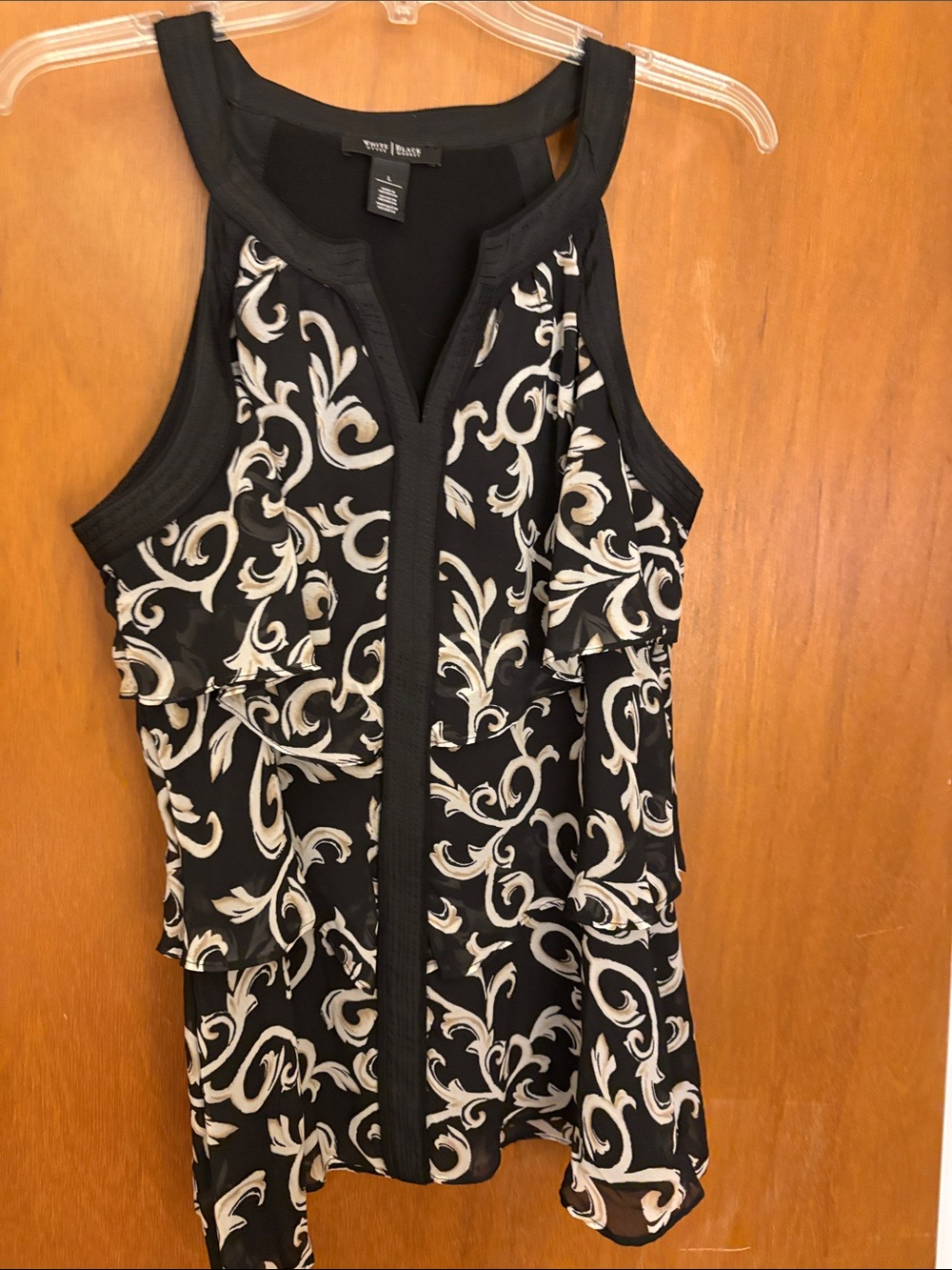 White House Black Market Black & Cream Ruffle-Front Print Camisole